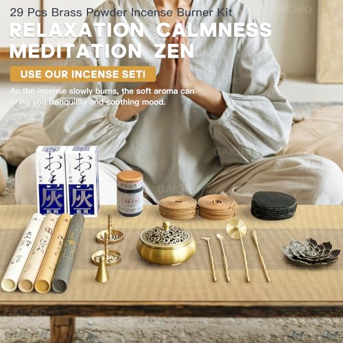 29 Pc Brass Incense Burner Kit for Powder Stick Cone Coil (Glod)