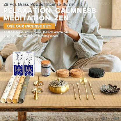 29 Pc Brass Incense Burner Kit for Powder Stick Cone Coil (Glod)