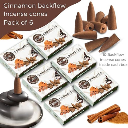 Cinnamon Backflow Incense Cones - Total 60 Incense Cones Waterfall - Six Packs of 10 Incense Backflow Cones - Waterfall Inscent Cones - Incense Waterfall Cones - color: Cinnamon, size: Pack of 6 (60 Cones)