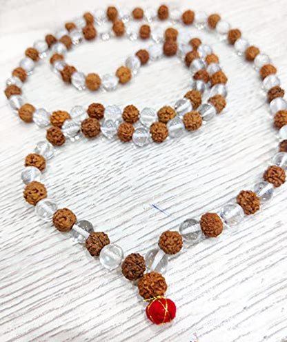 Wonder Care Certified Rudraksha Mala 5face(Panchmukhi) Authentic Genuine Rudraksha Beads Ornament Rosary Japa Mala Beads Necklace Puja | Prayer Beads | Meditation Beads - color: Clear Quartz 8mm Bead