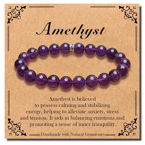 BONNY BOXX Natural Stretch Healing Gemstone Bracelet, 4/6/8mm Semi Precious Stone Bracelet for Men Women, Stress Relief Crystal Jewelry - color: Amethyst, size: 8MM