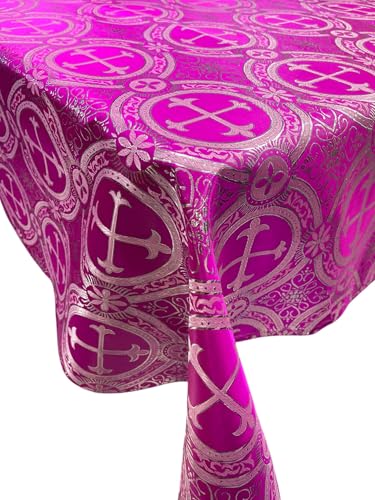 New Creations Fabric & Foam Inc, Square Metallic Cross Brocade Jacquard Satin Table Overlay/Religious Brocade/Liturgical Fabric/Church. (Fuchsia-Silver, 42" x 42" Inches) - color: Fuchsia-silver