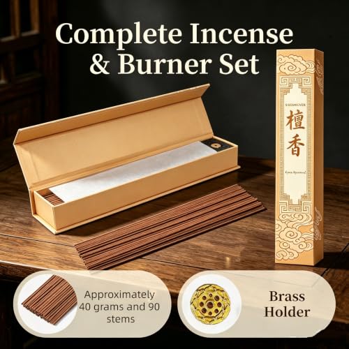 Sandalwood Stick - Handmade Chinese Incense with Brass Incense Holder - Sandalwood Core Free Stick for Meditation and Yoga, Elegant Gift Set (90 pcs) - size: Sandalwood