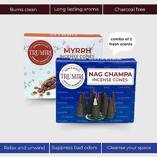 TRUMIRI Incense Cones - Combo Pack of 20 Cone Incense - 10 Myrrh + 10 Nag Champa - Insence Cones - Incense Cones Scented - Cone Incense Scents - Insense Cones - Incent Cone - color: Nag Champa Myrrh