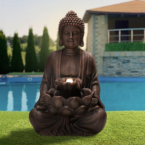 Glitzhome Buddha Fountain with Pump & LED Light, 2 Tier Zen Style Meditating Buddha Water Fountain Outdoor Fountains and Waterfalls Floor Fountains Buddhas Statues for Garden Patio Backyard 23.25" H - color: Bronze Buddha W/Lotus Leaf&flower Basins, size: