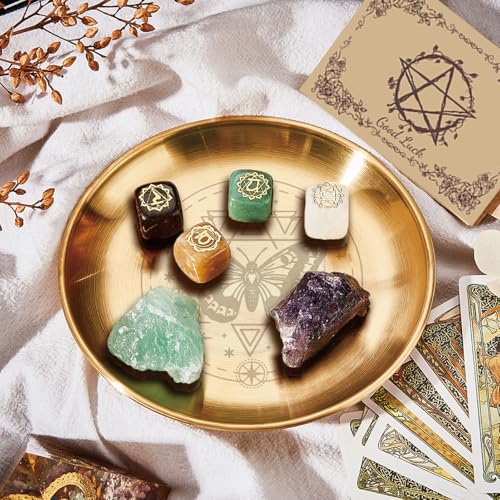 CREATCABIN Butterfly Altar Ritual Plate Dish Stainless Steel Bowl Round Golden Tarot Offering Bowl Dish Candle Holder Witchy Crystals Jewelry Tray for Incense Burner Dowsing Divination 5.55Inch - style: Golden Butterfly