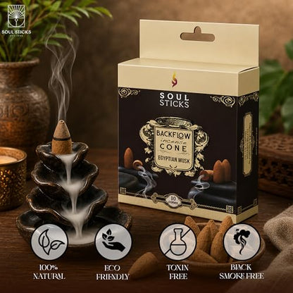 Soul Sticks Backflow Incense Cones – 40 Handmade Organic Cones for Waterfall Burner | 4 Pack Long Lasting Aromatic Scents | Thick White Smoke Incense for Meditation, Yoga & Gifts (Egyptian Musk) - color: Egyptian Musk