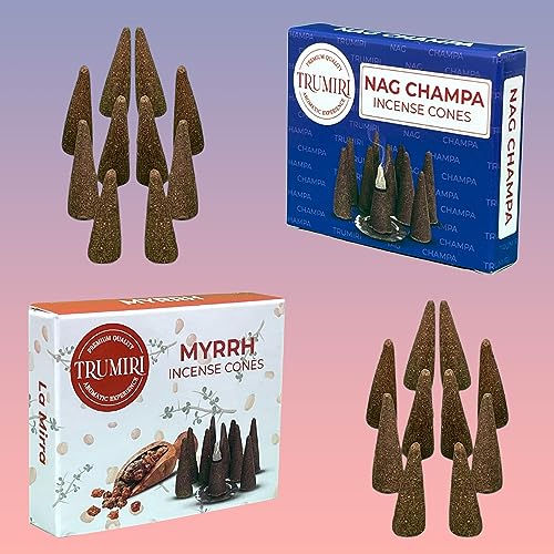 TRUMIRI Incense Cones - Combo Pack of 20 Cone Incense - 10 Myrrh + 10 Nag Champa - Insence Cones - Incense Cones Scented - Cone Incense Scents - Insense Cones - Incent Cone - color: Nag Champa Myrrh