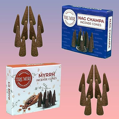 TRUMIRI Incense Cones - Combo Pack of 20 Cone Incense - 10 Myrrh + 10 Nag Champa - Insence Cones - Incense Cones Scented - Cone Incense Scents - Insense Cones - Incent Cone - color: Nag Champa Myrrh