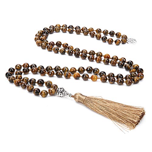 108 Mala Beads Semi-Precious Gem Stones Meditation Necklace - color: Natural Tiger Eye