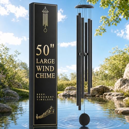 50" Extra Large Wind Chimes for Outside Deep Tone, 6 Extra-Thick Aluminum Tubes for Lasting Resonance, Big Outdoor Wind Chime for Garden Patio Decor, Relaxing Gift for Mom Dad Men Neighbors, Black - color: Black, size: 50"