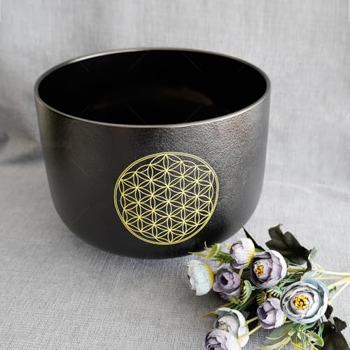 Set of 3 Singing Bowls Life of Flower Black 8-12 inch 8"G 10"E 12"C Frosted Chakra Quartz Crystal Sound Healing Bowls with 1 Mallet Suede 1 Striker 3 O-rings - size: 8"G 10"E 12"C