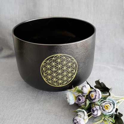 Set of 3 Singing Bowls Life of Flower Black 8-12 inch 8"G 10"E 12"C Frosted Chakra Quartz Crystal Sound Healing Bowls with 1 Mallet Suede 1 Striker 3 O-rings - size: 8"G 10"E 12"C