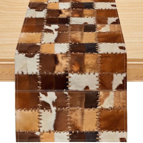 Western Cowhide Table Runner, Faux Leather Patchwork Design Waterproof Linen Table Runner for Farmhouse Rustic Dining Table, Country Western Home Decor, Vintage Brown Cow Print Decoration,13x36 Inch - color: Brown Cowhide Patchwork, size: 13x36inch