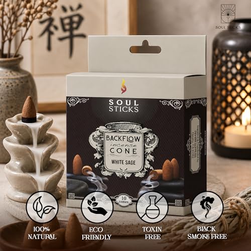 Soul Sticks Backflow Incense Cones – 40 PCS Sage, Palo Santo & Dragon's Blood Scents | Handmade White Smoke Cones for Waterfall Burner | Energy Cleansing Gift Set (White Sage) - color: White Sage