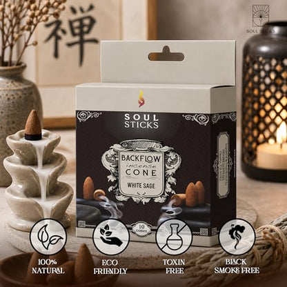 Soul Sticks Backflow Incense Cones – 40 PCS Sage, Palo Santo & Dragon's Blood Scents | Handmade White Smoke Cones for Waterfall Burner | Energy Cleansing Gift Set (White Sage) - color: White Sage