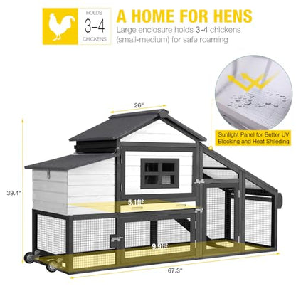 Aivituvin Chicken Coop with Run and Wheels, Mobile Outdoor Hen House Wooden Poultry Cage with Waterproof Roof (Black, AIR23) - color: Black, size: 67.3"L x 26.0"W x 39.4"H