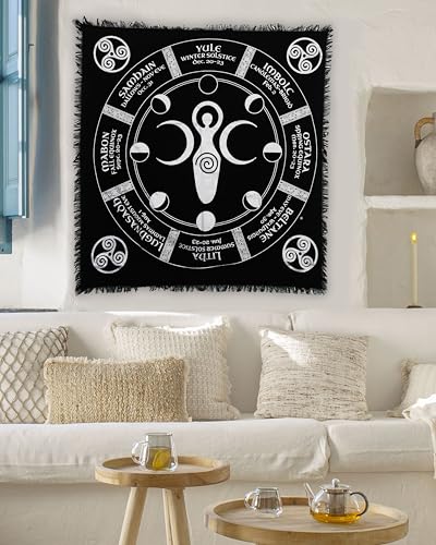 Indian Consigners Triple Moon Altar Cloth – Wiccan Sabbat Wheel with Moon Phases – Celestial Black Cotton Tarot Table Cover for Pagan Rituals, Witchcraft & Sacred Space - color: Black-silver, size: 24" x 24" (Square)
