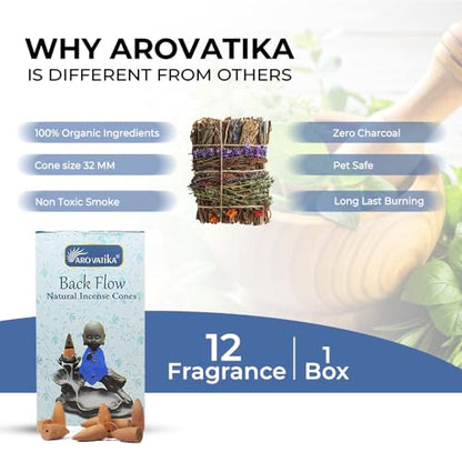 ARO VATIKA Backflow Natural Masala 50 Pack 'A' Incense Cones | 5 Different Assorted Fragrances of Nag Champa, White Sage, Dragons Blood, Palo Santo, Musk | Burn time- Approx 16-18 mins - color: Combo 'A'
