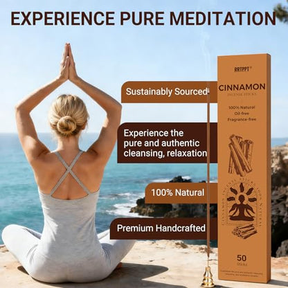 Cinnamon Incense Sticks (50 Sticks), 100% Natural sustainably harvested Cinnamon, Suitable for Yoga, Meditation, Relaxation, and Spiritual Purification - color: Cinnamon