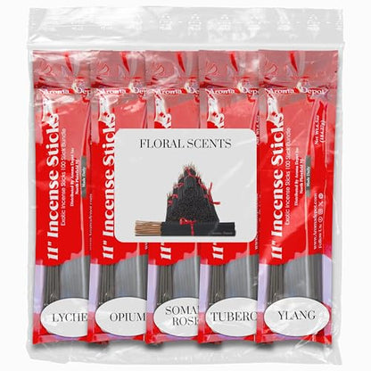 Floral Scents 11'' Incense Sticks - Variety Set 500 Pack - 11 inch - 5 Bundles 100 Sticks Per Fragrance Scent. Set Features Lychee, Op-ium, Somali Rose, Tuberose, Ylang