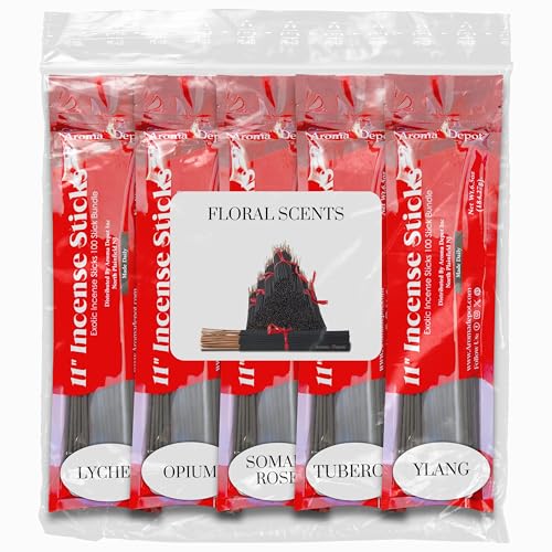 Floral Scents 11'' Incense Sticks - Variety Set 500 Pack - 11 inch - 5 Bundles 100 Sticks Per Fragrance Scent. Set Features Lychee, Op-ium, Somali Rose, Tuberose, Ylang