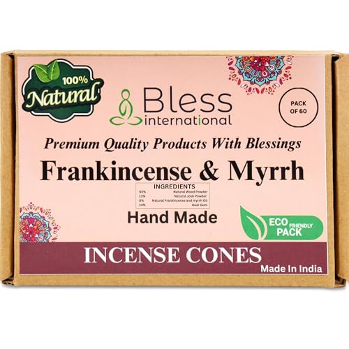 Bless International Frankincense-and-Myrrh 100%-Natural-Incense-Cones Handmade-Hand-Dipped Organic-Chemicals-Free for-Purification-Relaxation-Positivity-Yoga-Meditation The-Best-scents (60 Count) - color: Frankincense-and-myrrh, size: Pack Of 60 Cones