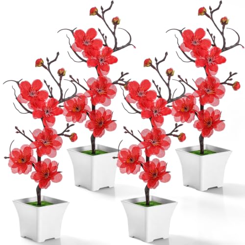 Suncalla 4 Pack Artificial Red Plum Blossom Fake Bonsai, Silk Flower Arrangement with Flower Pot, Cherry Blossoms Decor for Hibachi Party Chinese Japanese Asian Theme Party Supplies (Classic) - style: Classic