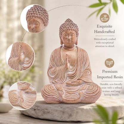 Wood Grain Buddha Statue - Wooden Shakyamuni Buddha for Indoor Home Altar, Hand Carved Wood Grain Resin Meditation Decor（(Housewarming Gift/Mindfulness Aid，7.87inch)