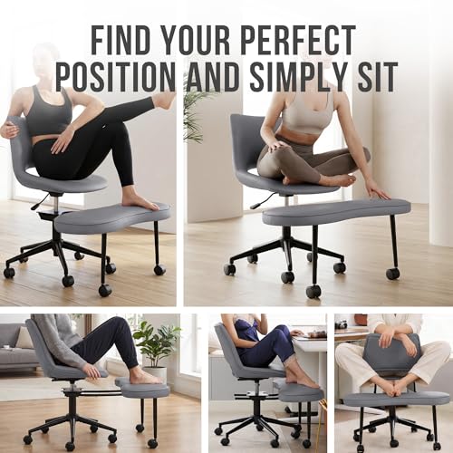 Ergonomic Criss Cross Legged Office Chair, 360° Swivel Meditation Kneeling Chair with Wheels, ADHD Chair with Footrest, Lumbar Support, Height Adjustable PU Leather Seat, Gray - color: Grey-n1