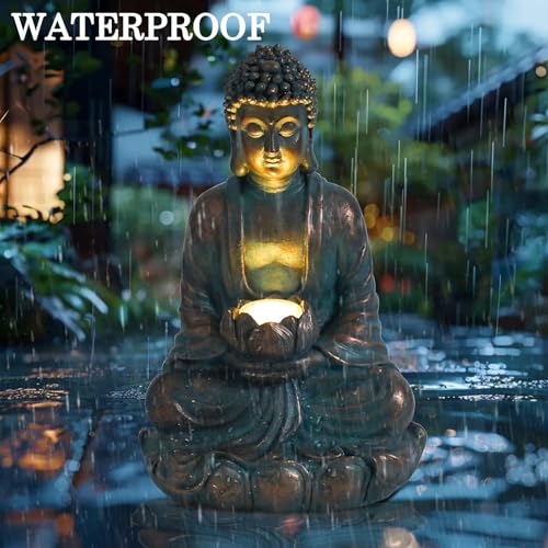 Bshine Buddha Statue Outdoor Solar Light with Lotus Lamp, Zen Garden Decor