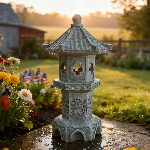 Zen Garden Pagoda Statue Solar Lantern Lights Outdoor Japanese Garden Decor - color: Hexagonal Pagoda