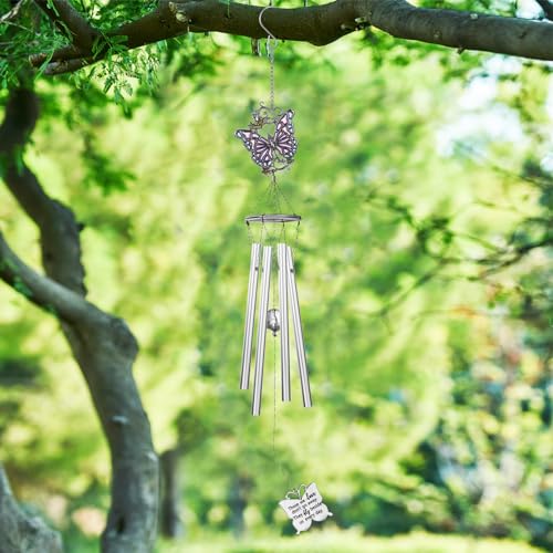 Outdoors Butterfly Wind Chimes Sympathy Memorial for Loss of Loved One - Soothing Melodic Tones Aluminum Chime Great as a Gift for Your Patio Porch Garden and Backyard (22.2" Silvery) - size: 22.2" Silvery Butterfly Ornament