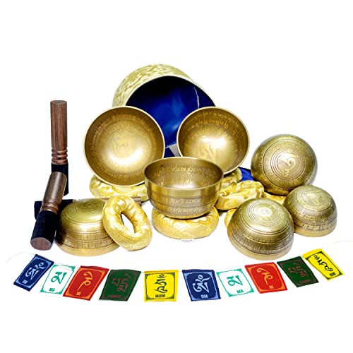 Tibetan Singing Bowl Set of 7, Om Mane Padme Hum Mantra Symbol Engraved Singing bowl, Himalayan Singing Bowl for meditation, Handmade in Nepal, Stress relief and Mindfulness