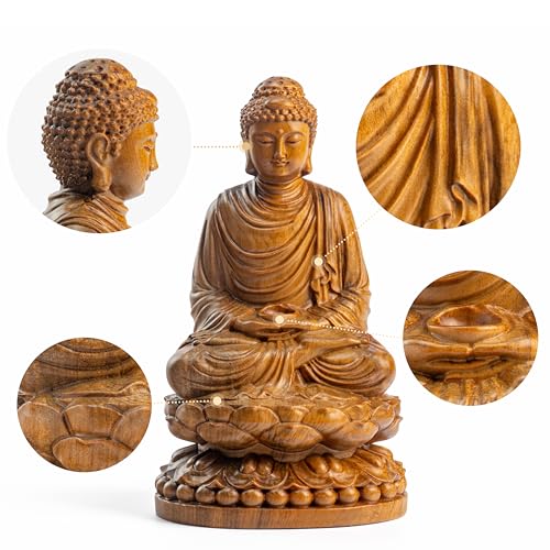 Buddha Statue Indoor with Gift Box and 108 Bead Mala - Hand Carved Shakyamuni Buddha 15cm/6in for Meditation, Altar, Zen Decor - Buddhist Spiritual Gift Set for Peace and Mindfulness - style: Meditating Buddha on Lotus