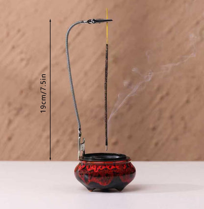 Incense Burner with Calabash Incense Stick Holder - Porcelain Charcoal Censer for Use with Resin Granular Powder Cone or Coil Incense (Fambe Red) - color: Fambe Red