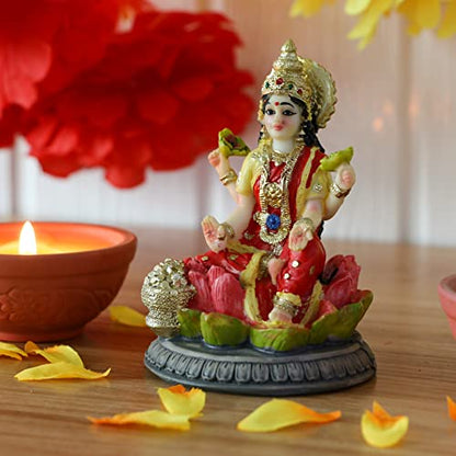 alikiki Small Hindu Goddess Lakshmi Statue - 3.9”H Indian Ido Laxmi Figurine for Car Dash Board Decor Home Office Mandir Temple Altar Shrine Pooja Item Murti for Diwali Puja Gifts