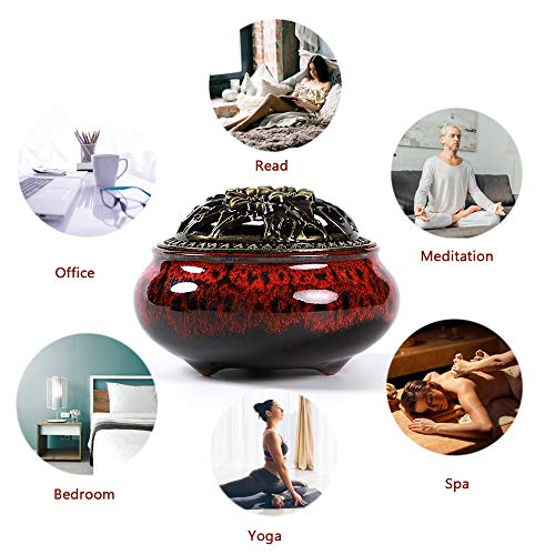 Incense Burner with Calabash Incense Stick Holder - Porcelain Charcoal Censer for Use with Resin Granular Powder Cone or Coil Incense (Fambe Red) - color: Fambe Red