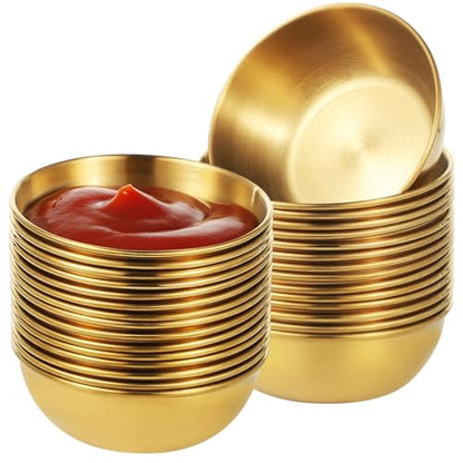 30 PCS Round Golden Sauce Bowls, 3.2 x 1.2 Inches Stainless Steel Dipping Sauce Cups, Small Seasoning Dish dipping Container, Prep Appetizer Plate, Condiment Holder Bowl for Home Restaurant Party