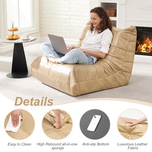 Hobestluk Bean Bag Chair Leather Togo Chair Memory Foam Living Room Adult - color: Khaki, size: Large