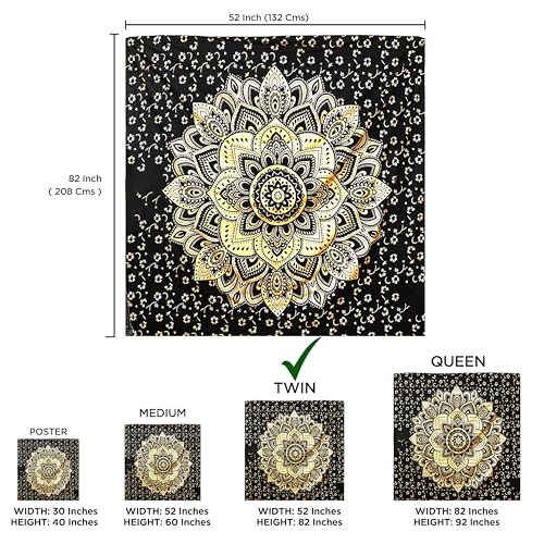 Rajsee Gold Mandala Tapestry - Boho Bedroom Aesthetic - Trippy Cute Wall Hanging - Black Gold Wall Art 52x82 Inches - color: Black and Gold, size: 82"L x 52"W