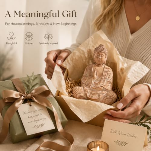 Wood Grain Buddha Statue - Wooden Shakyamuni Buddha for Indoor Home Altar, Hand Carved Wood Grain Resin Meditation Decor（(Housewarming Gift/Mindfulness Aid，7.87inch)