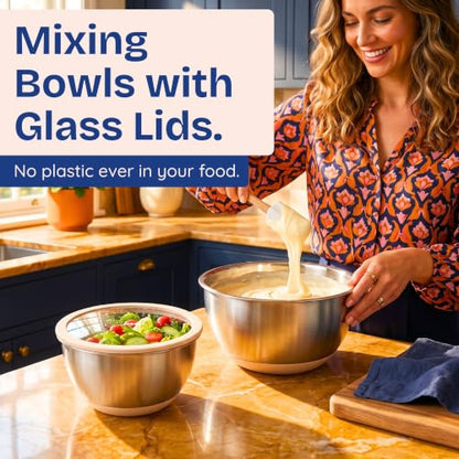 Non-Toxic Stainless Steel Mixing Bowls, Glass Lids, Plastic Free, 5-Pcs