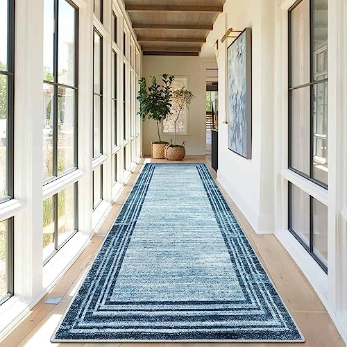 Lahome Modern Abstract Runner Rug, Washable Blue 2.5x10 Kitchen Runner Non Slip Runners for Hallways 10ft, Low-Pile Long Entryway Rug Indoor Soft Carpet Runner for Bedroom Hall - color: Dark Blue Border/White, size: 2.5' x 10' (Runner)