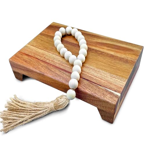 Natural Acacia Wood Pedestal Stand | Wood Riser with Decorative Beads | Kitchen Counter Decor | Soap Tray for Kitchen Sink | Bathroom Tray | Tabletop Wooden Stand (9 x 6 x 1.75 Inch) - size: 9"x6"x1.75"