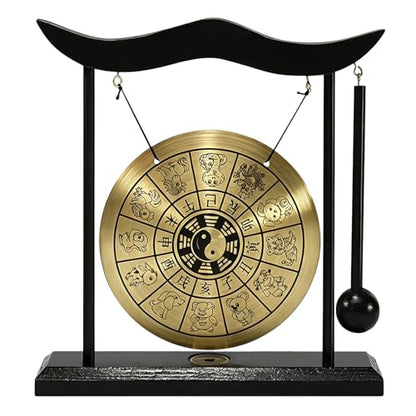 Chinese Gong Desktop,Twelve Chinese Zodiac Signs Zen Art Decor,Copper Gong with Wood Stand for Asian Decor,Meditation Sound Tool,Desk Display Office Home Blessing Gift (Chinese Zodiac)
