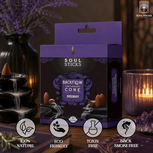 Soul Sticks Backflow Incense Cones – 40 Handmade Organic Cones for Waterfall Burner | 4 Pack Long Lasting Aromatic Scents | Thick White Smoke Incense for Meditation, Yoga & Gifts (Rosemary) - color: Rosemary