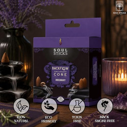 Soul Sticks Backflow Incense Cones – 40 Handmade Organic Cones for Waterfall Burner | 4 Pack Long Lasting Aromatic Scents | Thick White Smoke Incense for Meditation, Yoga & Gifts (Rosemary) - color: Rosemary
