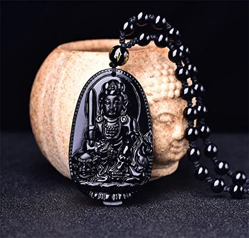 ASGIFT Black Obsidian Necklace Lucky Amulet Protection Pendant with Extended Bead Chain Healing Crystal Stone Talisman Necklaces Jewelry - color: Manjusri