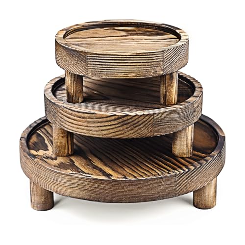 Wood Display Riser Set, 3 Piece Decorative Pedestal Stand, 8/6/5 Inch, Rustic Brown